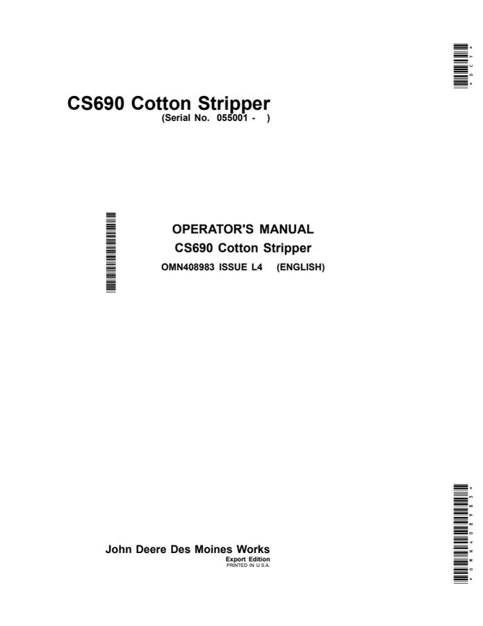 John Deere CS690 Cotton stripper Operator manual OMN408983 — actual manual cover