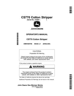 John Deere CS770 Cotton stripper Operator manual OMKK69786 — actual manual cover