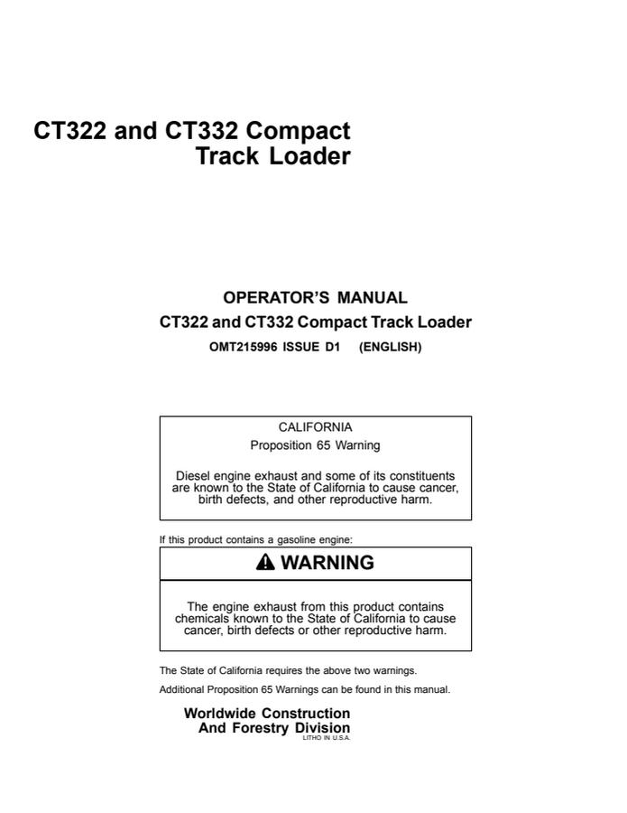 John Deere CT322, CT332 Compact track loader Operator manual OMT215996 — actual manual cover