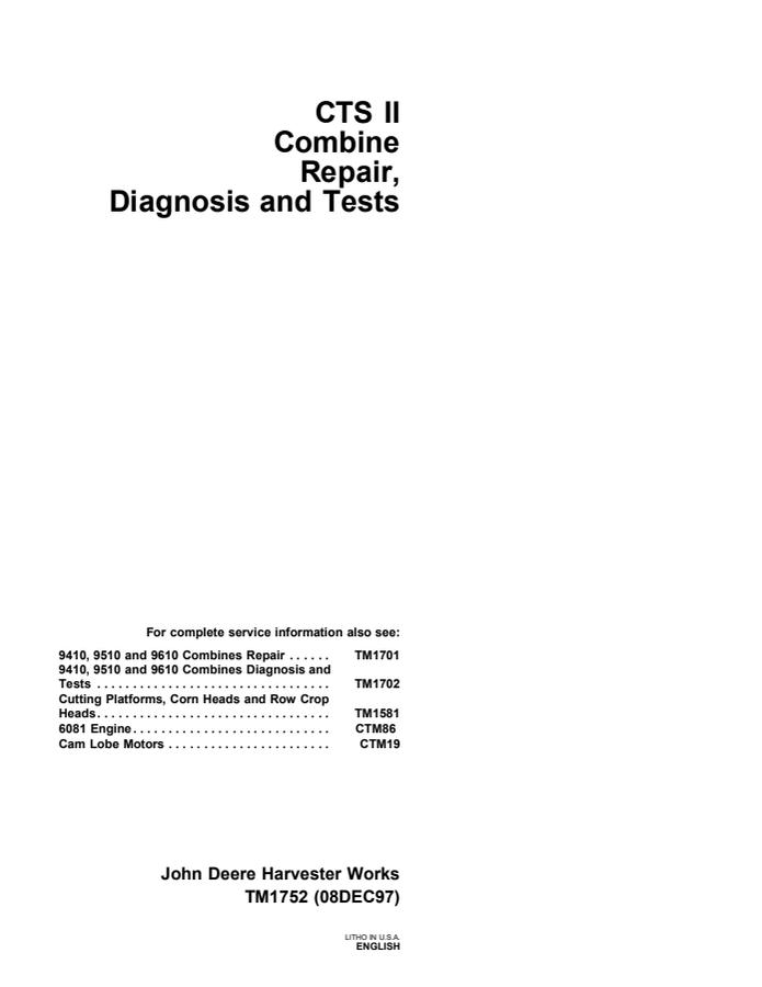 John Deere CTS II Combine Repair, Diagnosis and Tests Manual TM1752 — actual manual cover