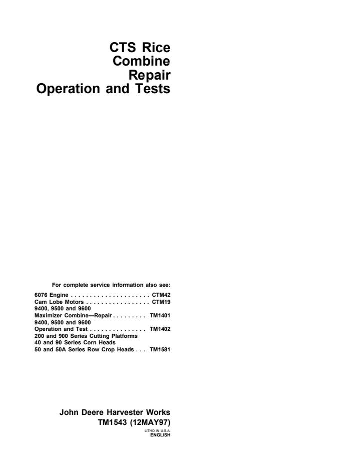 John Deere CTS Rice Combine Operation and Tests Manual TM1543 — actual manual cover