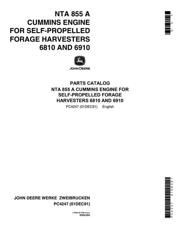 John Deere Cummins NTA 855 A engine for John Deere 6810 and 6910 self-propelled forage harvesters Engine Parts catalog PC4247 — actual manual cover
