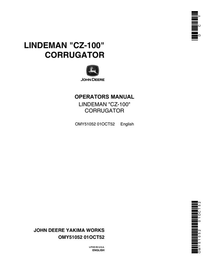 John Deere CZ-100 Corrugator Operator manual OMY51052 — actual manual cover