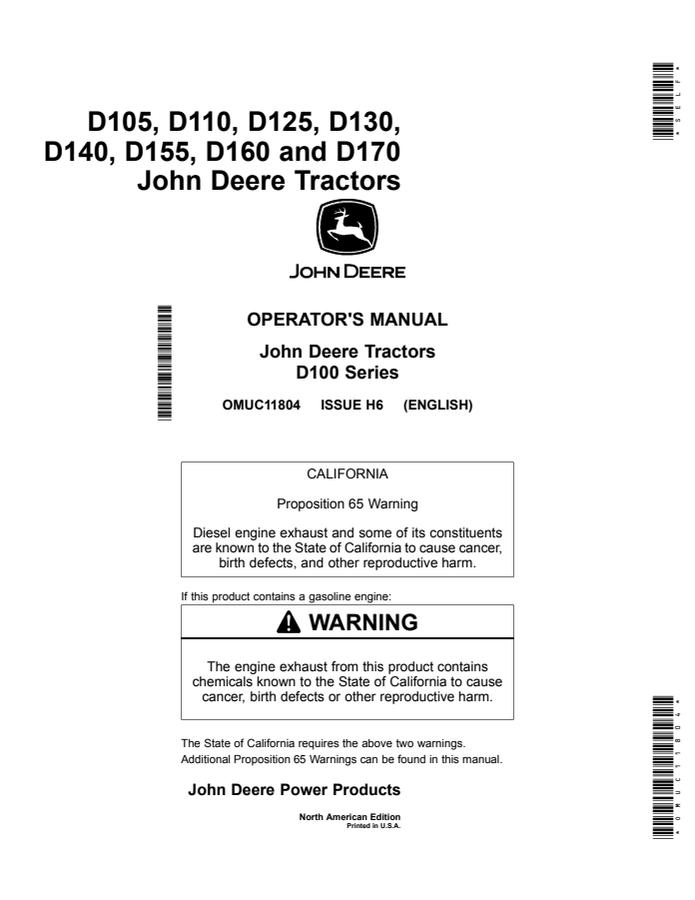 John Deere D105, D110, D125, D130, D140, D155, D160, D170 Tractor Operator manual OMUC11804 — actual manual cover