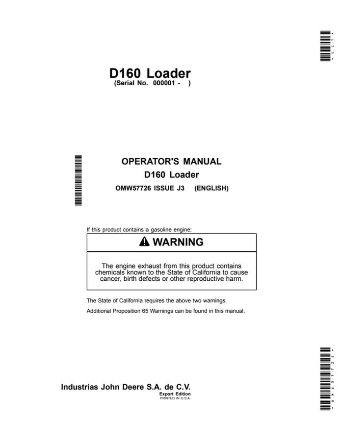John Deere D160 Loader Operator manual OMW57726 — actual manual cover