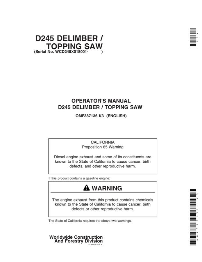 John Deere D245 Delimber / topping saw Operator manual OMF387136 — actual manual cover