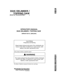 John Deere D245 Delimber / topping saw Operator manual OMF387136 — actual manual cover
