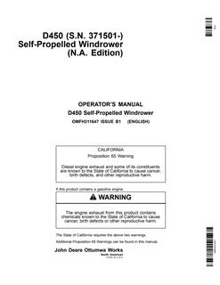 John Deere D450 Self-Propelled Windrower Operator's Manual — actual manual cover
