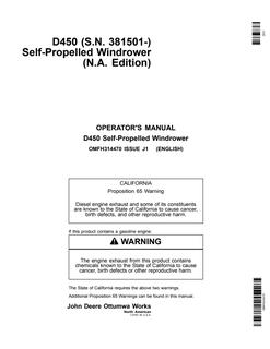John Deere D450 Windrower Operator manual OMFH314470 — actual manual cover