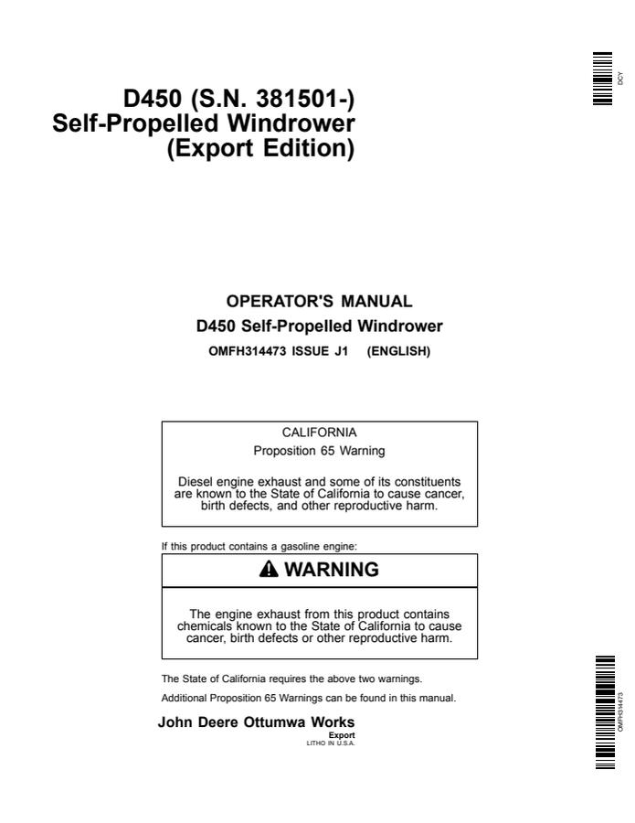 John Deere D450 Windrower Operator manual OMFH314473 — actual manual cover