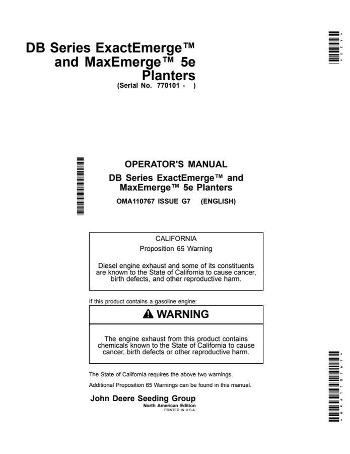 John Deere DB Series ExactEmerge and MaxEmerge 5e Planters Planter Operator manual OMA110767 — actual manual cover