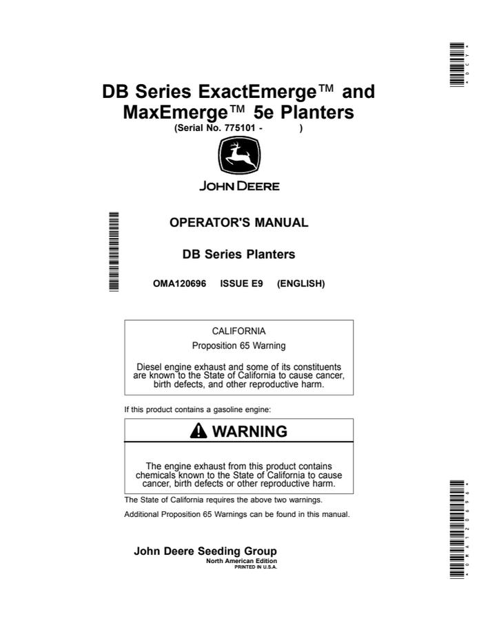 John Deere DB Series ExactEmerge and MaxEmerge 5e Planters Planter Operator manual OMA120696 — actual manual cover