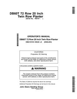John Deere DB60T Planter Operator manual OMA101810 — actual manual cover