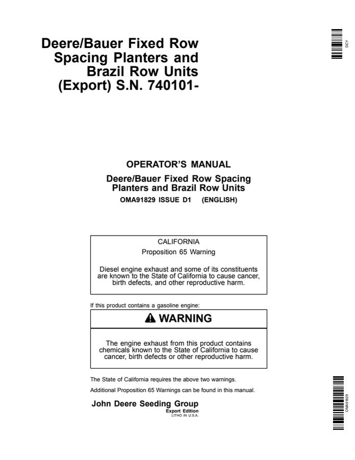 John Deere Deere/Bauer fixed row spacing and Brazil row units Planter Operator manual OMA91829 — actual manual cover