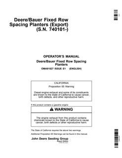 John Deere Deere/Bauer fixed row spacing Planter Operator manual OMA91827 — actual manual cover
