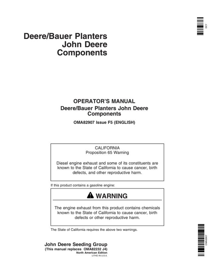 John Deere Deere/Bauer planters Planter components Operator manual OMA82907 — actual manual cover