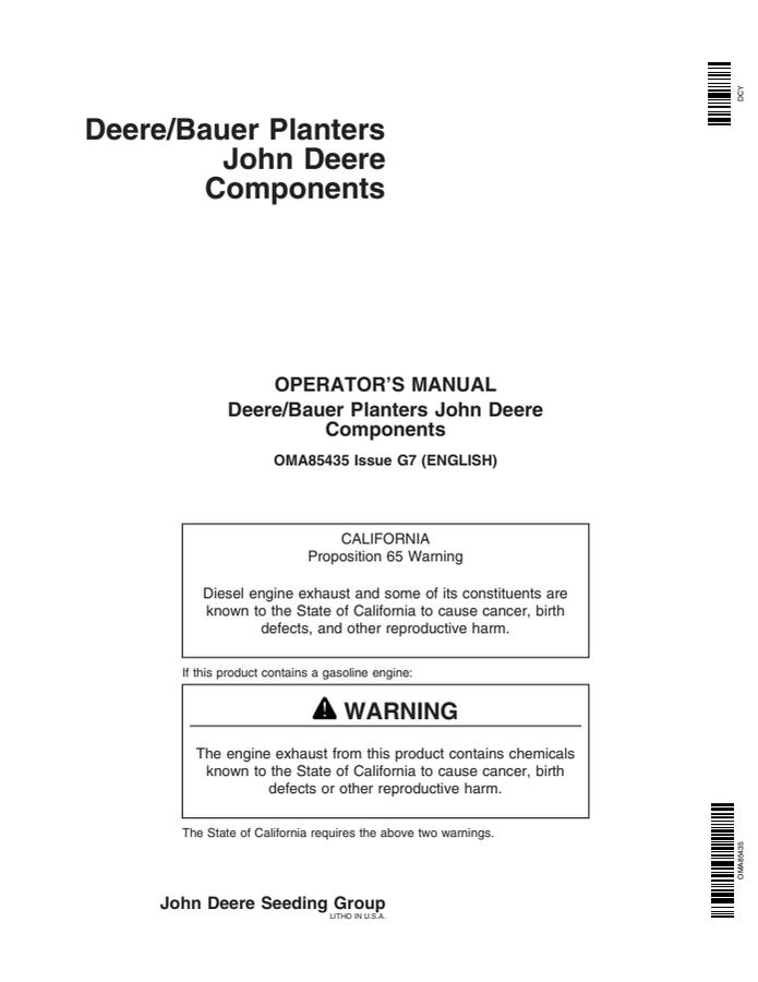 John Deere Deere/Bauer planters Planter components Operator manual OMA85435 — actual manual cover