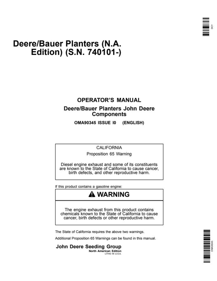 John Deere Deere/Bauer planters Planter components Operator manual OMA90345 — actual manual cover