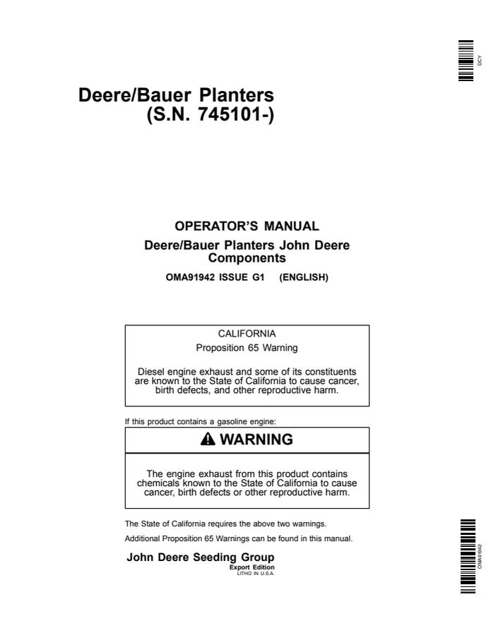 John Deere Deere/Bauer planters Planter components Operator manual OMA91942 — actual manual cover