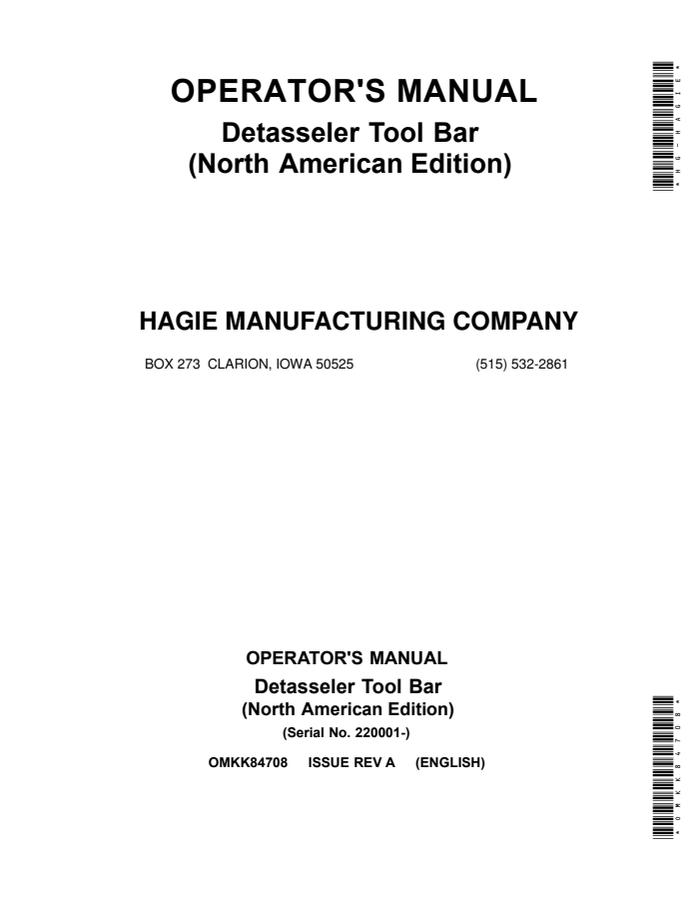 John Deere Detasseler Tool Bar Detasseler tool bar Operator manual OMKK84708 — actual manual cover