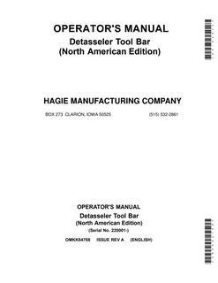 John Deere Detasseler Tool Bar Detasseler tool bar Operator manual OMKK84708 — actual manual cover