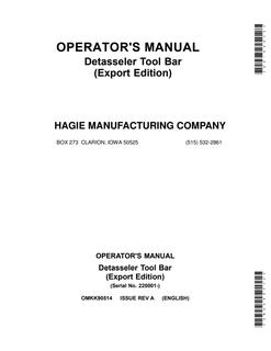 John Deere Detasseler Tool Bar Detasseler tool bar Operator manual OMKK90514 — actual manual cover