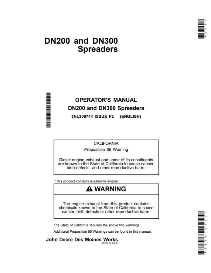 John Deere DN200 and DN300 Spreader Operator manual 5NL309744 — actual manual cover
