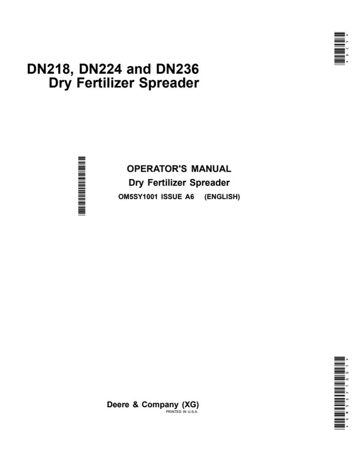 John Deere DN218, DN224 and DN236 Spreader Operator manual OM5SY1001 — actual manual cover