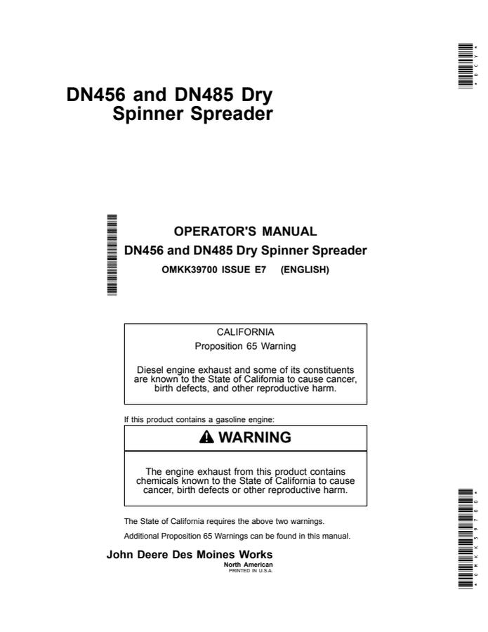 John Deere DN456 and DN485 Spreader Operator manual OMKK39700 — actual manual cover