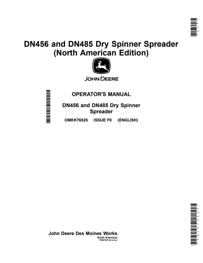 John Deere DN456; DN485 Dry spinner spreader Operator manual OMKK76525 — actual manual cover