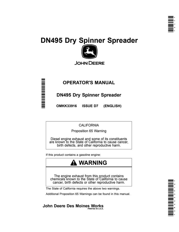 John Deere DN495 Dry spinner spreader Operator manual OMKK33916 — actual manual cover