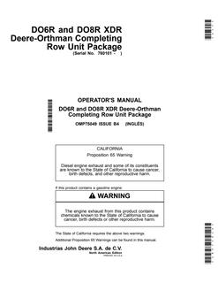 John Deere DO6R; DO8R XDR Planter row-unit package Operator manual OMP75049 — actual manual cover