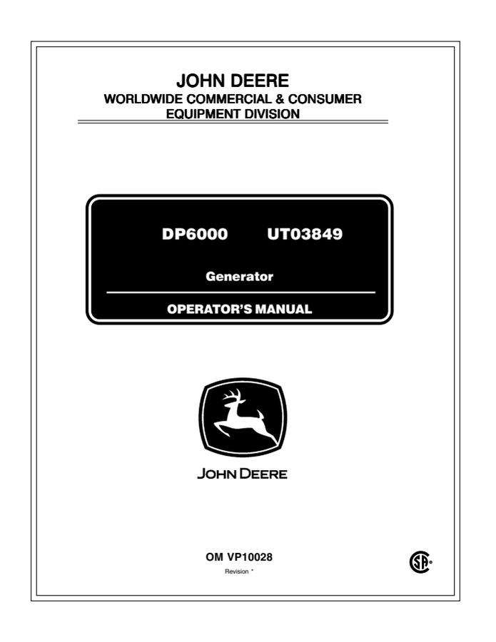 John Deere DP6000 Generator Operator manual OMVP10028 — actual manual cover