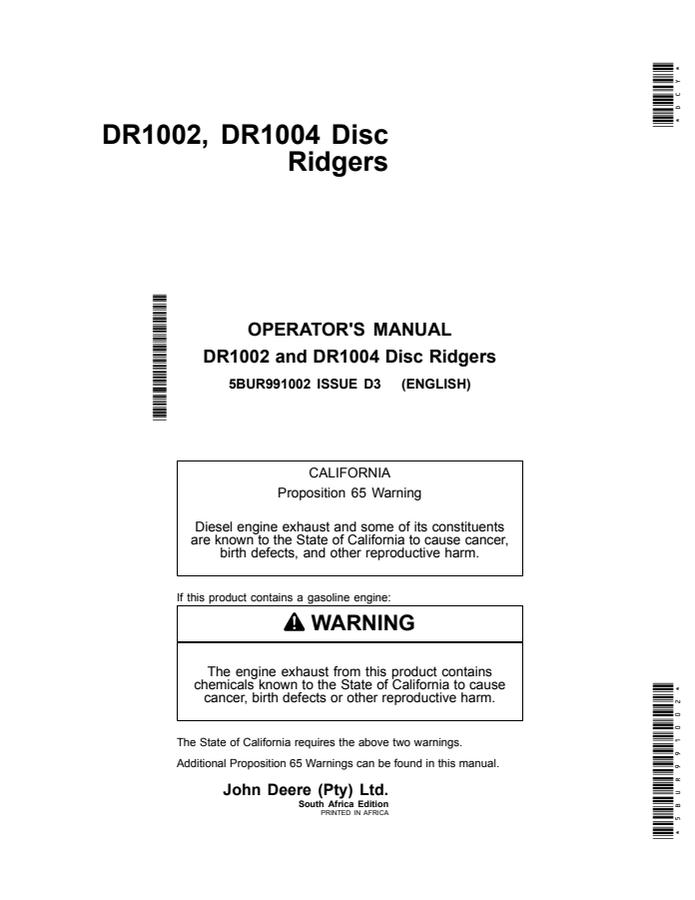 John Deere DR1002; DR1004 Disc ridger Operator manual 5BUR991002 — actual manual cover
