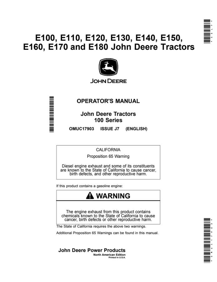 John Deere E100, E110, E120, E130, E140, E150, E160, E170, E180 Lawn and garden tractor Operator manual OMUC17903 — actual manual cover