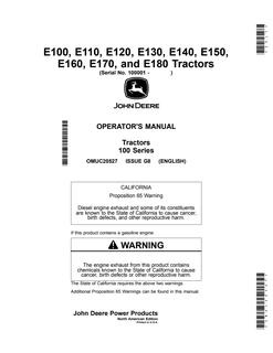 John Deere E100, E110, E120, E130, E140, E150, E160, E170, E180 Lawn and garden tractor Operator manual OMUC20527 — actual manual cover