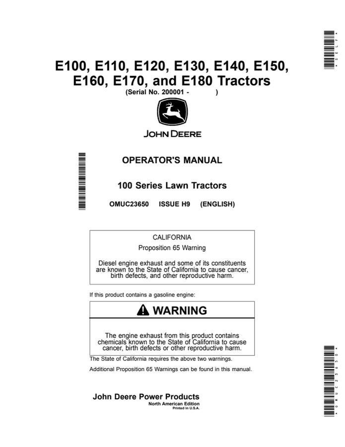 John Deere E100; E110; E120; E130; E140; E150; E160; E170; E180 Lawn tractor Operator manual OMUC23650 — actual manual cover