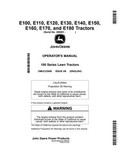 John Deere E100; E110; E120; E130; E140; E150; E160; E170; E180 Lawn tractor Operator manual OMUC23650 — actual manual cover