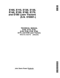 John Deere E100, E110, E120, E130, E140, E150, E160, E170, E180 Lawn Tractor Technical Manual TM151119 — actual manual cover