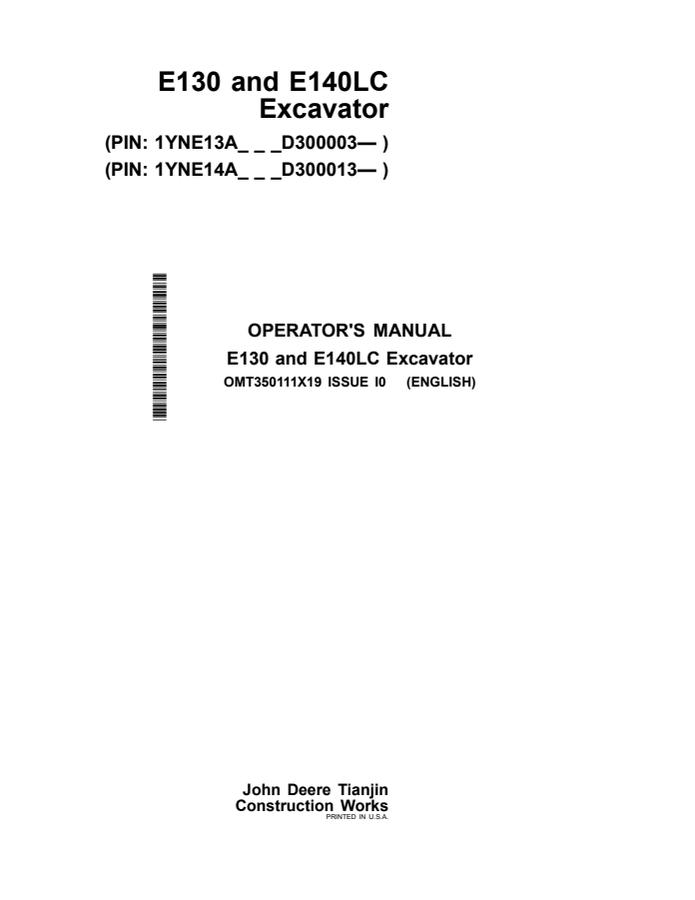 John Deere E130; E140LC Excavator Operator manual OMT350111X19 — actual manual cover