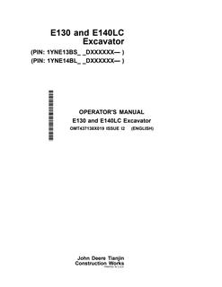 John Deere E130, E140LC Excavator Operator manual OMT437138X019 — actual manual cover