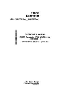 John Deere E18ZS Excavator Operator manual OMT474367X19 — actual manual cover