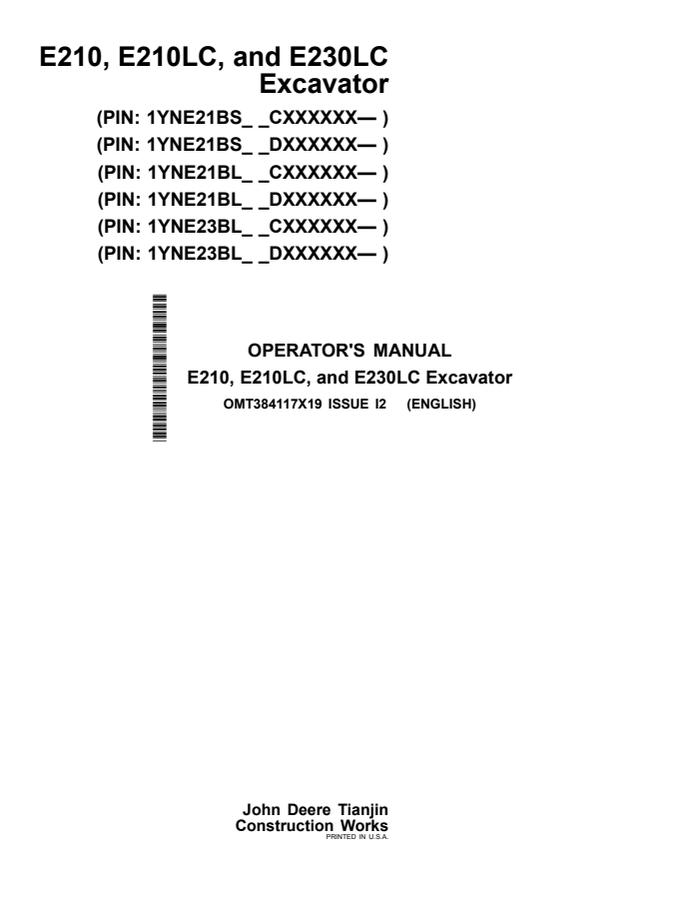 John Deere E210; E210LC; E230LC Excavator Operator manual OMT384117X19 — actual manual cover