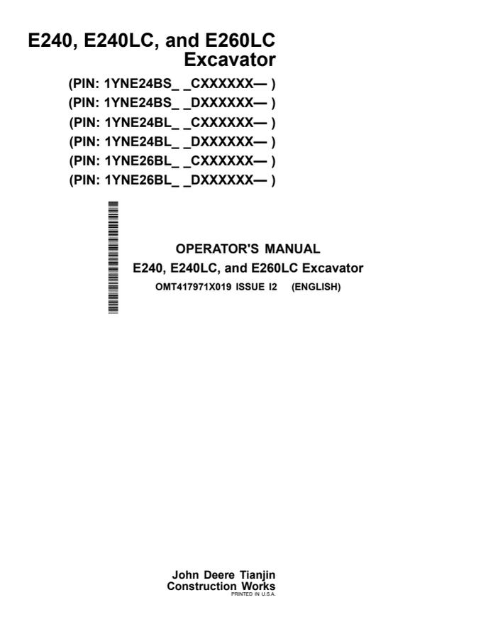 John Deere E240; E240LC; E260LC Excavator Operator manual OMT417971X019 — actual manual cover