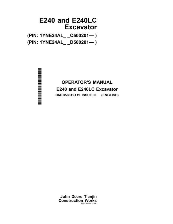John Deere E240; E240LC Excavator Operator manual OMT358612X19 — actual manual cover