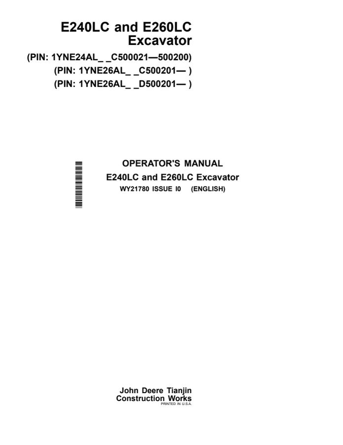 John Deere E240LC; E260LC Excavator Operator manual WY21780 — actual manual cover