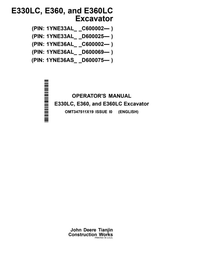 John Deere E330LC; E360; E360LC Excavator Operator manual OMT347511X19 — actual manual cover