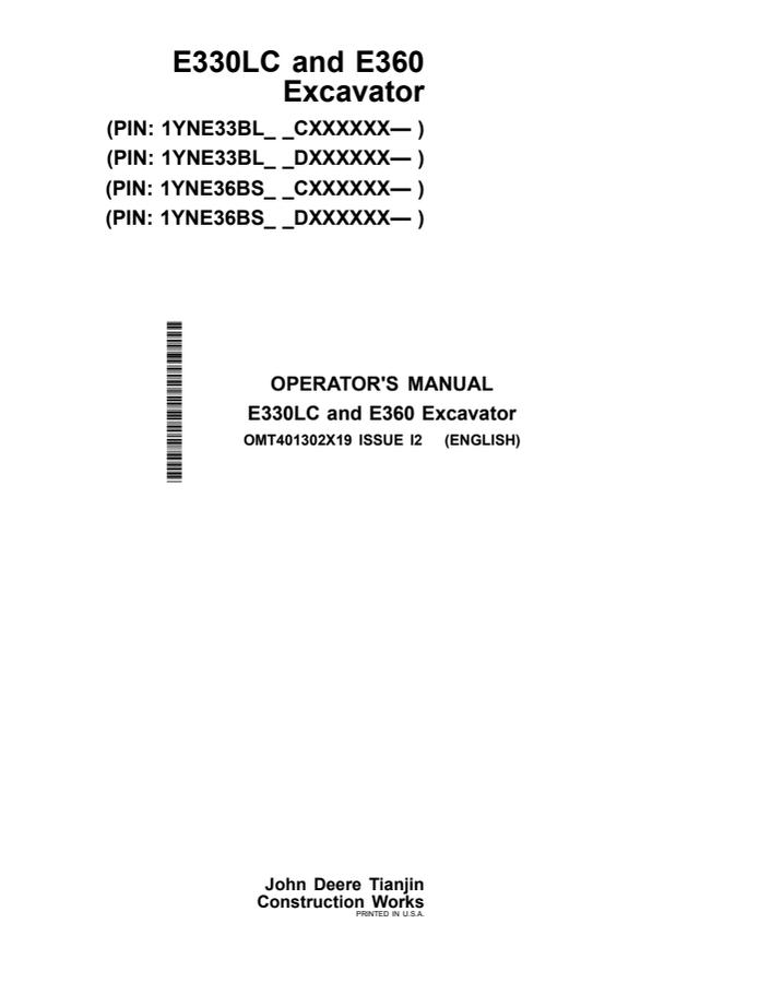 John Deere E330LC; E360 Excavator Operator manual OMT401302X19 — actual manual cover