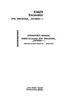 John Deere E36ZS Excavator Operator manual OMT434731X019 — actual manual cover
