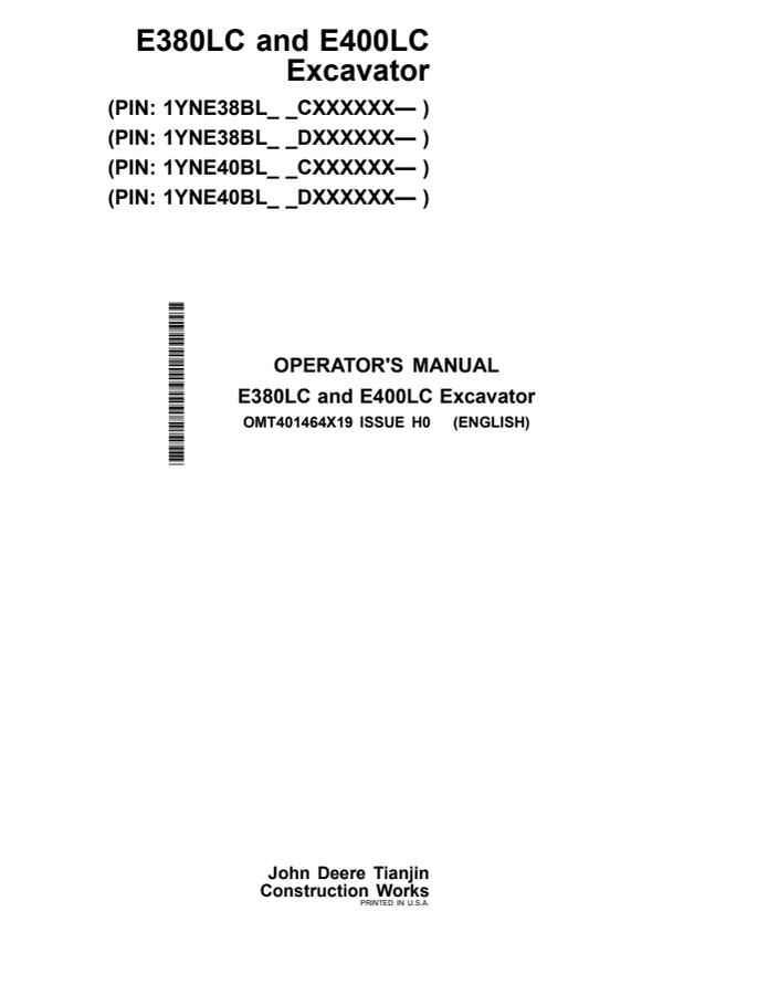John Deere E380LC; E400LC Excavator Operator manual OMT401464X19 — actual manual cover
